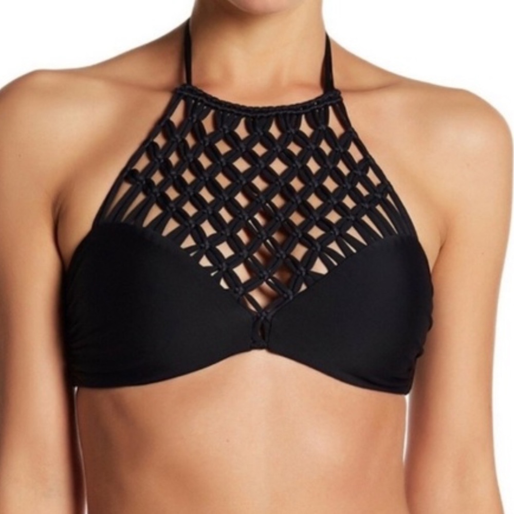 MIKOH Lanikai High Neck Halter with Macrame detail in Night NWT